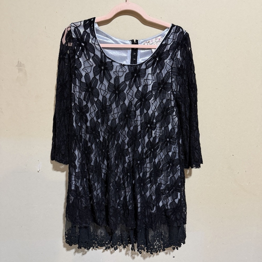 Lady Noiz Black Floral Lace Tunic Top XL Sheer 3/4 Sleeve Whimsigoth Blouse
